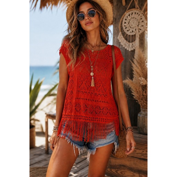 Chico's Sweaters - NWT Chicos Orange Crochet Fringe Sweater Boho Hippie Beach Cover Up Pullover 0 S